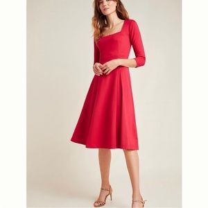 Maeve Anthropologie Midi Red Dress Size Small Fit to Flare Flowy Wedding Guest